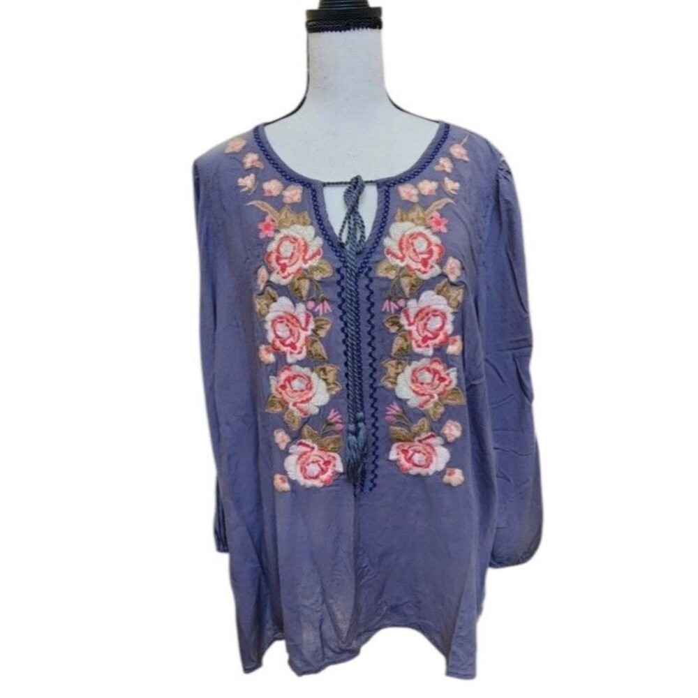 Andree by Unit Embroidered Boho Blouse Tassel Tie Size XL